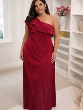 Badgley Mischka One-Shoulder Ruffle Evening Gown - Wine 16